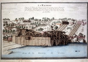 Marly de Rennequinin kone ajoi Seinen vedet Versaillesiin Marlyn akveduktin kautta. Kaiverrus vuodelta 1700. tekijältä Unknown artist