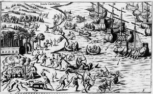 Christopher Columbuksen ihmisten ja kannibaalien tapaaminen - Philoponus Honoriusin "Nova Tipus Transacto Navigatio Novi Orbi" tekijältä Unknown artist