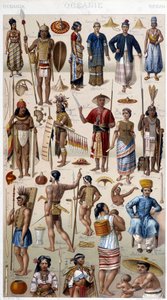 Miehet ja naiset edustavat Oseanian eri kansoja. 1800-luvun kaiverrus. tekijältä Unknown artist