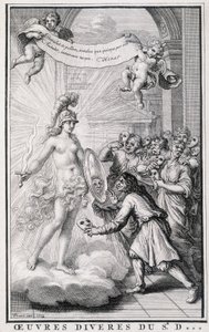 Miehet katsovat itseään ilman naamioitaan totuuden allegorian peilin edessä. Kaiverrus 1700-luvulta. tekijältä Unknown artist