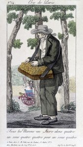 Kastanjoiden ja sokerin kauppias - "" Cris de Parisissa"", deb. 1800-luvulla tekijältä Unknown artist