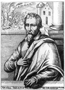 Michel Servet (Michel de Villanueva) (1511-1553), espanjalainen lääkäri ja teologi. Kaiverrus tekijältä Unknown artist
