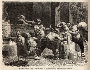 Mitronit jyskyttävät riisiä, ennen kuin se haudutetaan riisioluen valmistamiseksi. Kaiverrus havainnollistamaan matkaa Japaniin, Aime Humbert, Sveitsin valaliiton ministeri, vuosina 1863-1864, julkaistu "" Le tour du monde""" 1869, toimittanut Edouard Char tekijältä Unknown artist