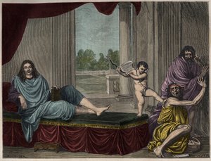 Moliere Jean Baptiste Poquelin (1622-1673) esittelee komedian Genien paheen kumoamiseksi ja tekopyhyyden vähentämiseksi - Kaiverrus 1600-luvulta kadonneen maalauksen jälkeen tekijältä Unknown artist