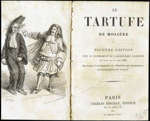 Moliere pelottelee kirkollista teatterinaamion avulla - Frontispiece du “Tartuffe”” (Tartufe) de Molière, toim. Hingray, Pariisi tekijältä Unknown artist