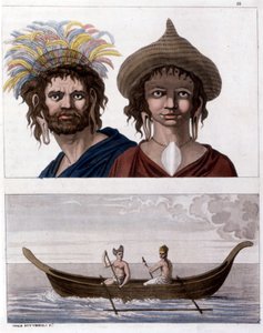 Kotoisin Pääsiäissaarelta (Rapa Nui) Polynesiassa, Long Ears -klaanin jäseniä. Alakerrassa yksi heidän veneestään. - Jules Ferrarion teoksessa "The Old and Modern Costume"" tekijältä Unknown artist