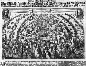 La Houguen meritaistelu (1692), joka vastusti Ludvig XIV:n armeijaa Hollantiin. Kaiverrus. 1700-luvulla. tekijältä Unknown artist