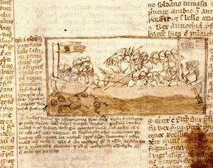 Meritaistelu saraseenien ja ristiretkeläisten välillä vuonna 1120. Käsikirjoituksen ""Pyhiinvaellus pyhään maahan"" mukaan 1100-luvulta. Marciana, Venetsia. tekijältä Unknown artist