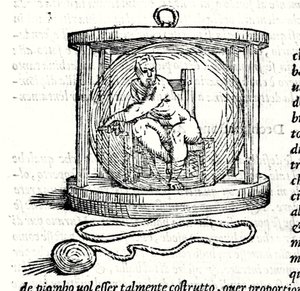 Nicoli Fontanan toinen puku nimeltä Tartaglia (1499 - 1557). Se tarjoaa kristallipallon, johon sukeltaja sulkeutuu. Kaiverrus 1500-luvulta. tekijältä Unknown artist