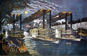 Kahden veneen yökilpailu aamunkoitteessa Mississippillä tekijältä Unknown artist