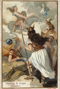 Pohjoismainen mytologia: Walkyries (neitsytsoturit) Valhollissa (tai Walhalla, Valhalla, Valhalle: paikka, johon rohkeat soturit tuodaan) ja soturien kaatuminen taistelussa. kromolitografia 1800-luvulta tekijältä Unknown artist