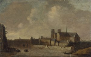 Notre-Dame ja arkkipiispan palatsi Quai de la Tournelle -kadulta katsottuna, noin 1640, nykyinen 4. arrondissement, vuosien 1635 ja 1645 välillä (öljy puulle). tekijältä Unknown artist
