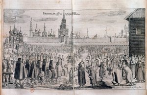 Virallinen seremonia ja paraati Moskovan Kremlissä. Kaiverrus 1600-luvulta. Venäjän kirjasto tekijältä Unknown artist