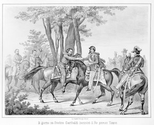 26. lokakuuta 1860 Giuseppe Garibaldi tapasi kuningas Victor Emmanuel II:n (Victor-Emmanuel) (Vittorio Emanuele) lähellä Teanoa. Kaiverrus 1800-luvulta. tekijältä Unknown artist