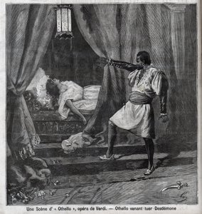 Othello tappoi juuri Desdemonan sängyssään. Kohtaus Giuseppe Verdin (1813-1901) ooppera "" Othello" -kaiverrus "" Le Parisien"" tekijältä Unknown artist