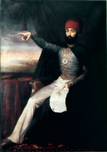 Ottomaanien valtakunta: Muotokuva sulttaani Mahmud II:sta (1784-1839)”” Se edustaa sormellaan osoittamista osoittamaan janissaarien teurastuskäskyä. Nimetön öljymaalaus. 1808-1839 Istanbul, Topkapi Sarayi -museo, Turkki tekijältä Unknown artist