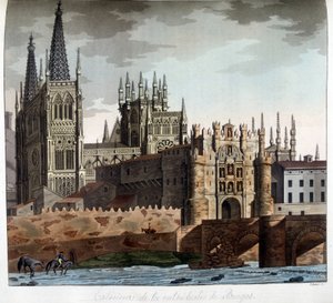 Goottilaisen Pyhän Marian katedraalin ulkopuolella Burgosissa Espanjassa. 1800-luvun litografia. tekijältä Unknown artist