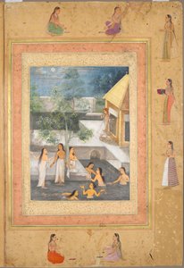 Sivu Late Shah Jahan -albumilta: Harem Night-Bathing Scene (recto) tekijältä Unknown artist