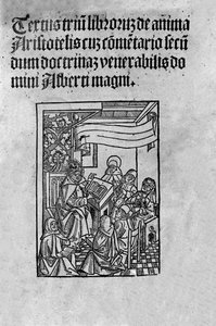 Albert Suuren (1200-luvulla) kommentoiman kreikkalaisen filosofin Aristoteleen (384-322 eKr.) ”” De Anima”” (Sielusta) kolmannen osan sivu. 1520 tekijältä Unknown artist