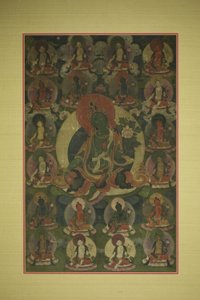Vihreän Taran maalattu banneri (Thangka), jota ympäröi kaksikymmentä ilmentymää. tekijältä Unknown artist