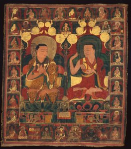 Maalattu banneri (Thangka) Kahden laaman linjamaalauksesta keskustelussa tekijältä Unknown artist