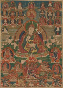 Maalattu banneri (Thangka), jossa istuu tietäjä Guru Padmasambhava pitelemässä salamaa (Vajra) ja kallokuppia (Kapala). tekijältä Unknown artist
