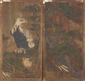 Ovipari, jossa kotka männyssä toisella puolella; toisaalta peura ja kirsikankukat tekijältä Unknown artist