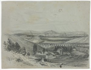 Panoraamanäkymä rautatiesillasta ja kaupungista tekijältä Unknown artist