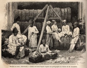 Parsi-kauppiaat ja -kauppiaat Bombayn puuvillamarkkinoilla. Kaiverrus havainnollistamaan matkaa Intian meridionaalisissa provinsseissa, Alfred Grandidier, 1862-1864, julkaistu "" Le tour du monde""" 1869, toimittanut Edouard Charton, painos Hachette, Par tekijältä Unknown artist