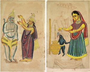 Parvati hääseppeleen asettaminen Shivalle (recto); Yasoda Churning Butter (käänteinen) tekijältä Unknown artist