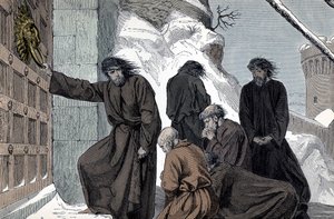 Saksalaisen Henrik IV:n katumus Canossassa - Saksan keisari Henrik IV (1050 - 1106) a Canossa (Pyhän Rooman keisarin Henrik IV:n katumus, Canossa, Italia, tammikuu 1077. Henrik seisoo paljain jaloin lumessa, hiuspaita yllään , vakuuttaakseen P tekijältä Unknown artist