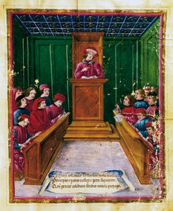 Pietro da Unzola luennoi lakitekstistä oppilaille oikeusluennon aikana Bolognan yliopistossa, Miniatyyri Liber iurium et privilegiorum notariorum Bononiae -käsikirjoituksesta, Italia tekijältä Unknown artist