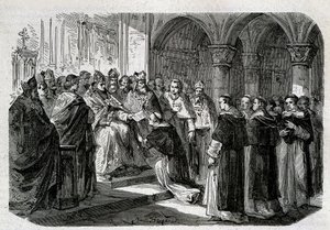 Paavi Adrien II (792-872) luovutti yhdelle legaatistaan lordi Normandia vastaan ​​erotuskuplan. Kaiverrus - "" Paavien historiassa "", sd. 1800-luvulla. tekijältä Unknown artist