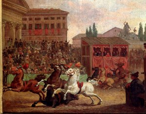 Suositut juhlat: "" Barberin rotu (tai palio)" Anonyymi maalaus 1700-luvulta. Rome Museo del Folklore tekijältä Unknown artist
