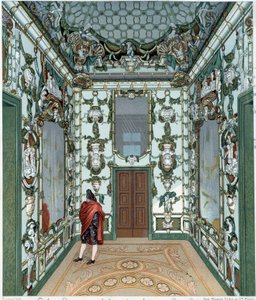 Madridin kuninkaallisen palatsin posliinisalonki. 1700-luvun kaiverrus. Pariisi, koristetaide tekijältä Unknown artist