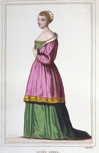 Agnes Sorelin (1422-1450) muotokuva (Beaute sur Marnen rouva) (Beaute-sur-Marne). Kuningas Kaarle VII:n suosikki. kaiverrus vuodelta 1830 tekijältä Unknown artist