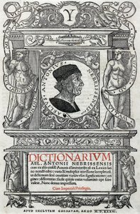 Antonio Martinez de Calan muotokuva sanoi Antonio de Nebrija (1441-1522), espanjalainen humanisti ja kielioppi. Hänen sanakirjansa vartiosivu, julkaistu vuonna 1536. Madridin kansalliskirjasto. tekijältä Unknown artist