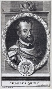 Kaarle V:n (1500-1558), Espanjan ja Espanjan Amerikan kuninkaan, Sisilian kuninkaan ja Pyhän Rooman valtakunnan germaanisen keisarin (1519-1556) muotokuva. Kaiverrus "Flanderin sodan historiaa", kirjoittanut Flamianus Strada, painos Joseph T
