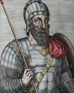 Muotokuva Godfrey of Bouillonista (Godefroy de Bouillon) (1040/61-1100), frankkiritari, yksi ensimmäisen ristiretken johtajista - Kaiverrus 1500-luku tekijältä Unknown artist