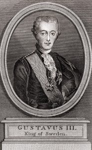 Kustaa III:n (1746-1792), Ruotsin kuninkaan muotokuva vuosina 1771–1792, kaiverrus vuodelta 1787 "" Kokoelma eilisen vuoden sotilaille"" tekijältä Unknown artist