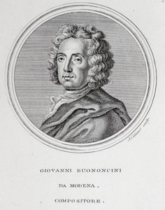 Italialaisen barokkisäveltäjän ja sellisti Giovanni Battista Bononcinin (1670-1747) muotokuva Kaiverrus. 1700-luvulla. Bologna, kansalaisbibliografinen museo tekijältä Unknown artist