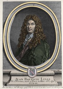Muotokuva Jean Baptiste Lullystä (Giovanni Battista Lulli) (1632-1687), italialaista alkuperää olevasta ranskalaisesta säveltäjästä. Kaiverrus 1800-luvulta. tekijältä Unknown artist