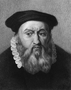 Jean Calvinin (1509 - 1564), ranskalaisen uskonnollisen uudistajan ja kirjailijan muotokuva - Lavalléen "Histoire des Français" -kirjassa, kaiverrus, n.d. tekijältä Unknown artist