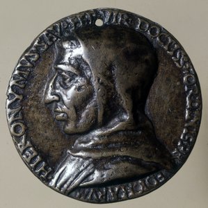 Muotokuva Jerome Savonarolasta tai Girolamo Savonarolasta (1452 - 1498), italialainen saarnaaja. Hän perusti teokraattisen hallinnon Firenzeen. Ajan medaljonki. tekijältä Unknown artist