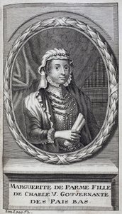 Parman Margaritan (tai Itävallan Margaritan) (1522-1586), Parman ja Piacenzan herttuattaren, Kaarle V:n (1500-1558) luonnollisen tyttären ja Alankomaiden (Alankomaat) kuvernööritar, muotokuva vuosina 1559-1581. Kaiverrus havainnollistamaan "History of the  tekijältä Unknown artist