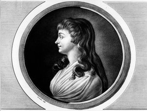 Roland de La Platieren vaimon Marie-Jeanne Phelipponin muotokuva "Madame Roland" (1754-1793). Kaiverrus "" Täydellinen kokoelma Ranskan vallankumouksen historiallisia maalauksia, kolme osaa.""" 1804. tekijältä Unknown artist