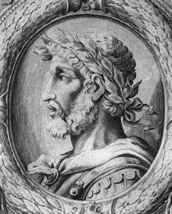 Hunien liittoutuneen herulesin johtajan ja Attilan ministerin (435-493) muotokuva Odoacresta (Odovacar). Kaiverrus 1700-luvulta. tekijältä Unknown artist