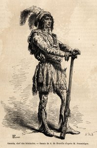 Muotokuva Osceolasta (1804-1838), seminolien johtaja, intialaisten vastarintaliikkeen kärjessä Yhdysvaltoja vastaan Floridan sodan aikana (1835-1842). Kaiverrus havainnollistamaan tarinaa neljä kuukautta Floridassa, Achille Pousselgue vuosina 1851-1852, ju tekijältä Unknown artist