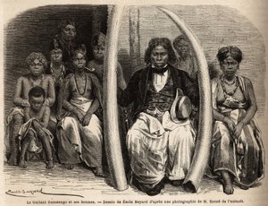 Muotokuva afrikkalaisesta norsunluunnegocianista, joka ympäröi vaimoaan. Emile Bayardin (1837-1891) piirustus kuvaamaan tohtori Griffon du Bellayn matkaa Gaboniin vuosina 1861-64. Kaiverrus kirjassa "" Le tour du monde", toimittanut Edouard Charton tekijältä Unknown artist