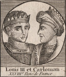 Ludvig III:n (863/65-882), frankkien kuninkaan vuosina 879–882 ja Kaarle II:n (866–884), frankkien kuninkaan, vuodesta 879 Ranskan kuninkaan muotokuvia - kaiverrus kirjasta "Historiaohjeet d tekijältä Unknown artist